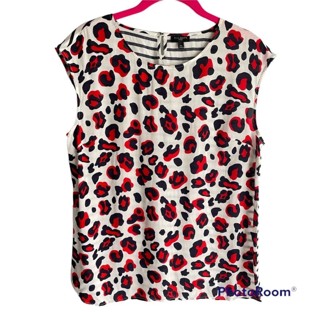 TALBOTS Petites Red Navy Striped & Animal Print Ladies Career Blouse, PM